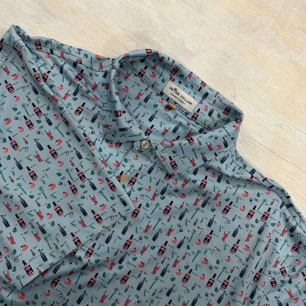 Peter Millar Polo Shirt XL Summer Comfort Bloody Mary Cocktail Print Blue Mens